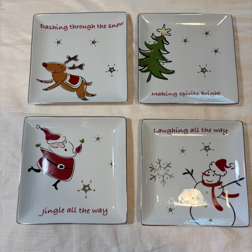North Pole Trading Co Christmas Square Plates Set of 4 Santa Snowman Reindeer